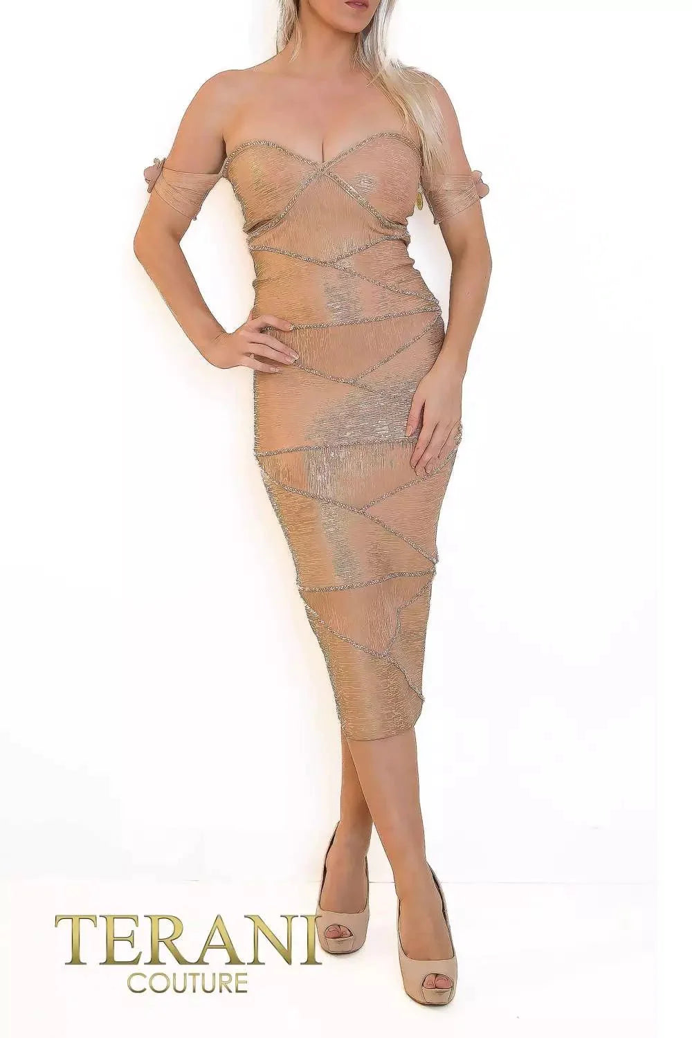 Terani Couture 241C2318 - off-Shoulder Tea-Length Dress Special Occasion Dress