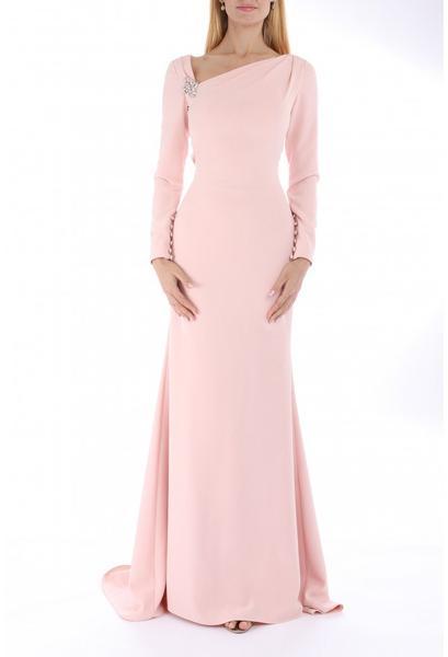 Terani Couture - Asymmetric Neckline Long Sleeve Formal Gown 1911M9320 - 1 pc Blush In Size 14 Available CCSALE 14 / Blush