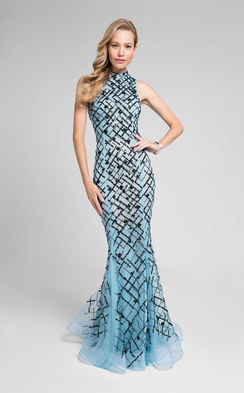 Terani Couture - Beautiful Beaded Pattern Mock Neck Mermaid Gown 1712P2494 Special Occasion Dress 00 / Ice Blue