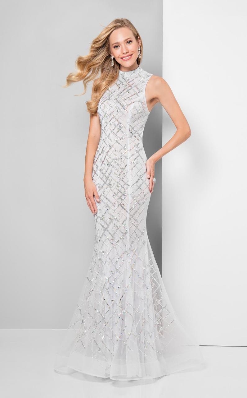 Terani Couture - Beautiful Beaded Pattern Mock Neck Mermaid Gown 1712P2494 Special Occasion Dress 00 / White