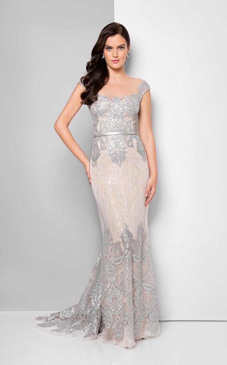 Terani Couture - Bedazzled Portrait Mermaid Dress 1713M3505 Special Occasion Dress 00 / Gunmetal Nude