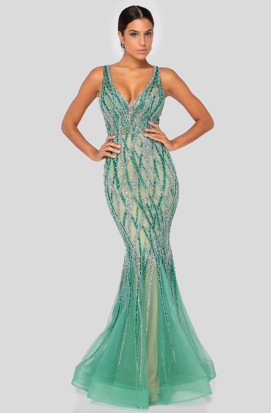 Terani Couture - Embellished V Neck Sleeveless Mermaid Gown 1912GL9573 - 1 pc Jade Nude In Size 6 Available CCSALE 6 / Jade Nude
