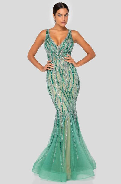 Terani Couture - Embellished V Neck Sleeveless Mermaid Gown 1912GL9573 - 1 pc Jade Nude In Size 6 Available CCSALE 6 / Jade Nude
