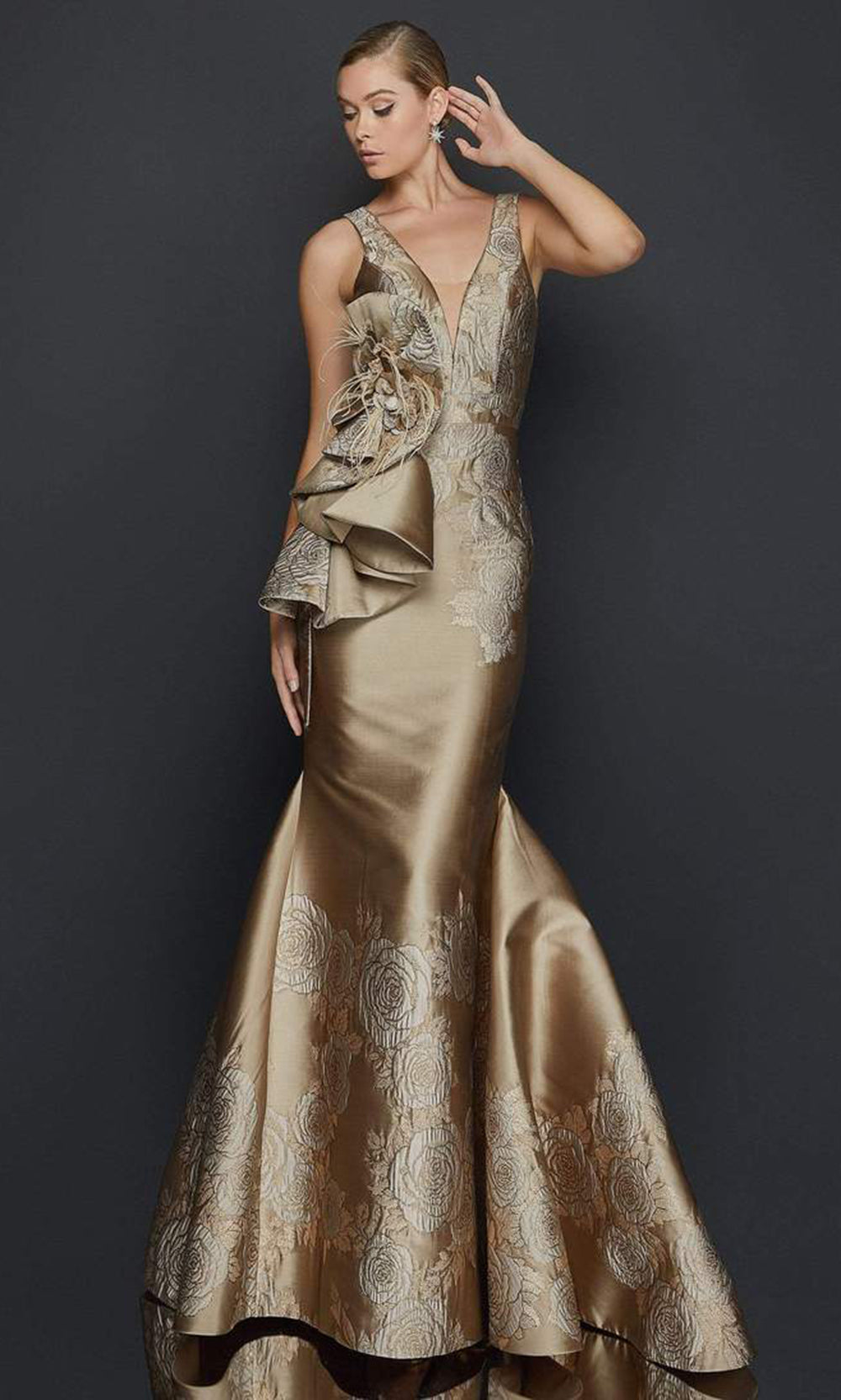 Terani Couture - 2011E2056 Floral Embossed Plunging V Neck Gown In Brown