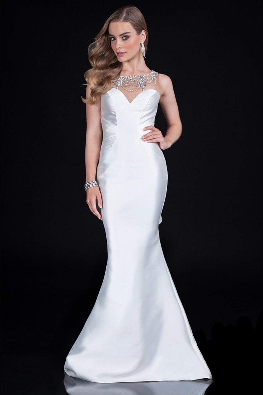 Terani Couture - Gorgeous Back Detailed Jewel Illusion Mermaid Gown Special Occasion Dress 00 / Ivory