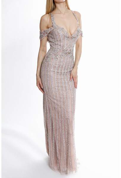 Terani Couture - Metallic Beaded Cutout Sheath Gown 1821GL7440 - 1 pc Blush Nude In Size 6 Available CCSALE 6 / Blush Nude