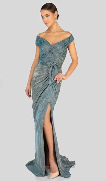 Terani Couture - Off Shoulder Shirred Metallic Gown 1911M9344  - 1 Pc. Gunmetal Silver in size 12 Available CCSALE 4 / Gunmetal/Silver