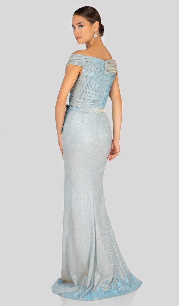 Terani Couture - Off Shoulder Shirred Metallic Gown 1911M9344  - 1 Pc. Gunmetal Silver in size 12 Available CCSALE