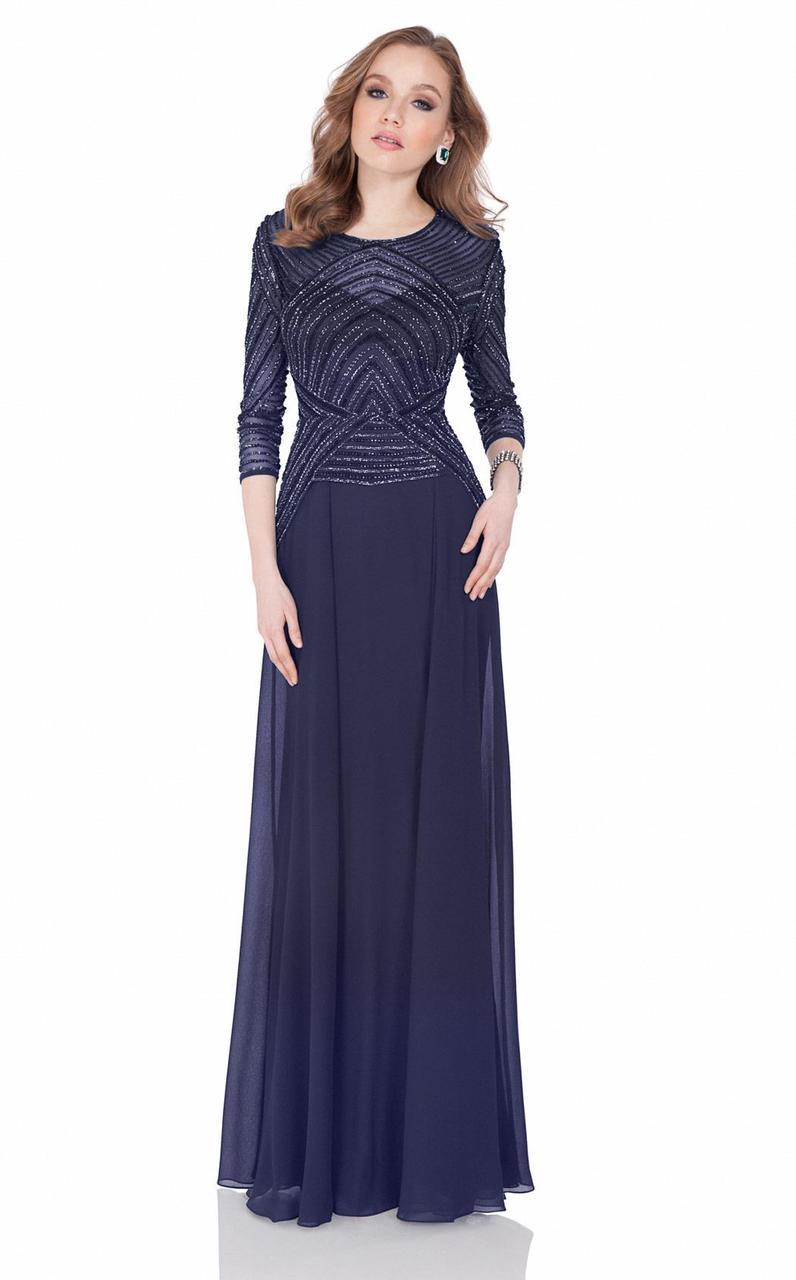 Terani Couture - Quarter Sleeve Shimmering Long Gown 1623M1860 Special Occasion Dress 00 / Navy