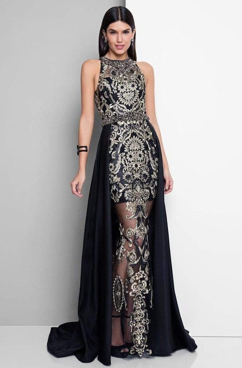 Terani Couture - Stunning Sleeveless Bateau Neck Polyester Mermaid Gown 1712E3648 Prom Dresses 00 / Black Gold