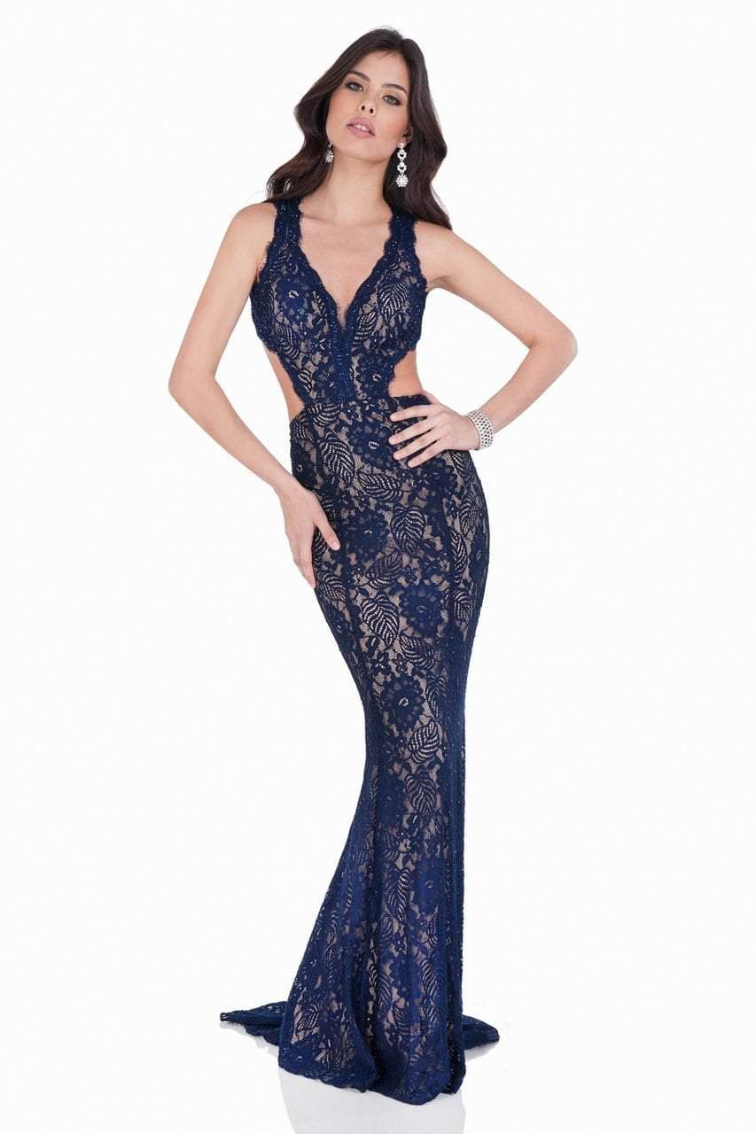 Terani Couture - Scalloped Lace Mermaid Gown with Cutouts 1623E1652 In Navy Nude