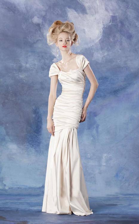 Theia - 881459 Ruched Cap Sleeve Iridescent Long Gown Special Occasion Dress 10 / Ivory