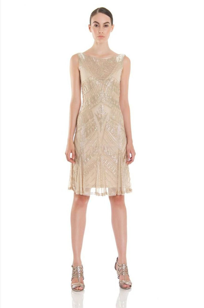 Theia - 881877 Sleeveless Beaded Pattern Mesh Cocktail Dress Special Occasion Dress 4 / Taupe