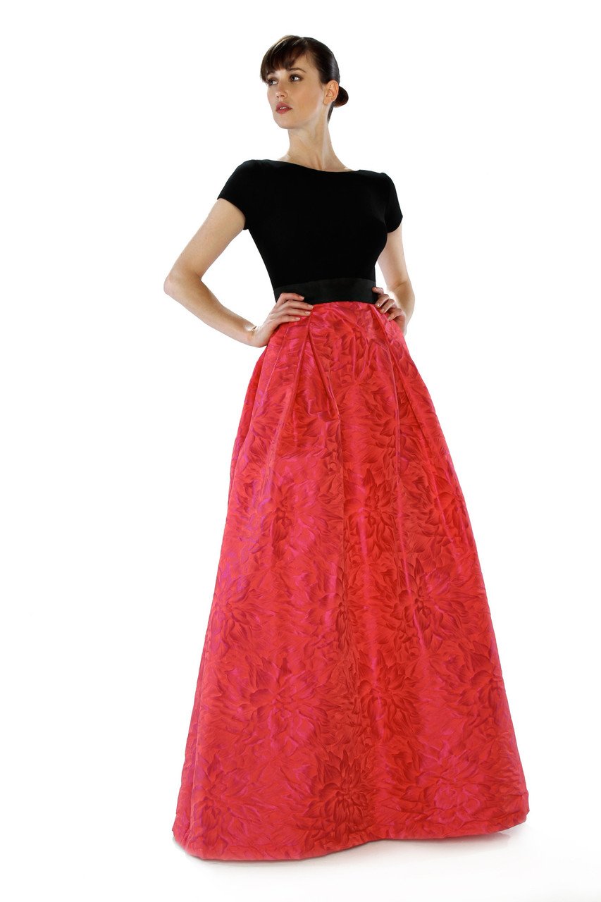 Theia - 882375 Cap Sleeve Contrast Floral Print Evening Gown Special Occasion Dress 4 / Cerise