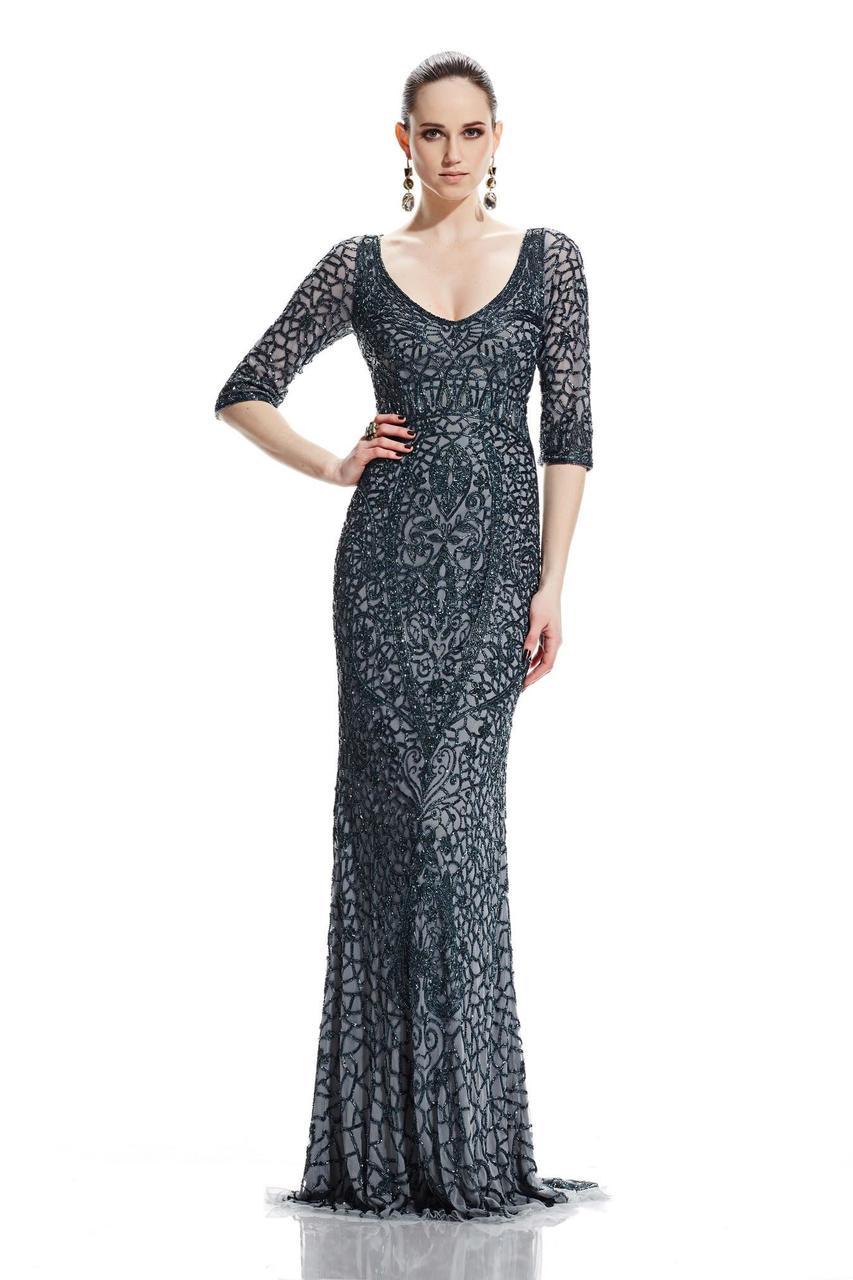 Theia - 882475 Beaded Quarter Sleeve Lattice Evening Dress Special Occasion Dress 4 / Amethyst