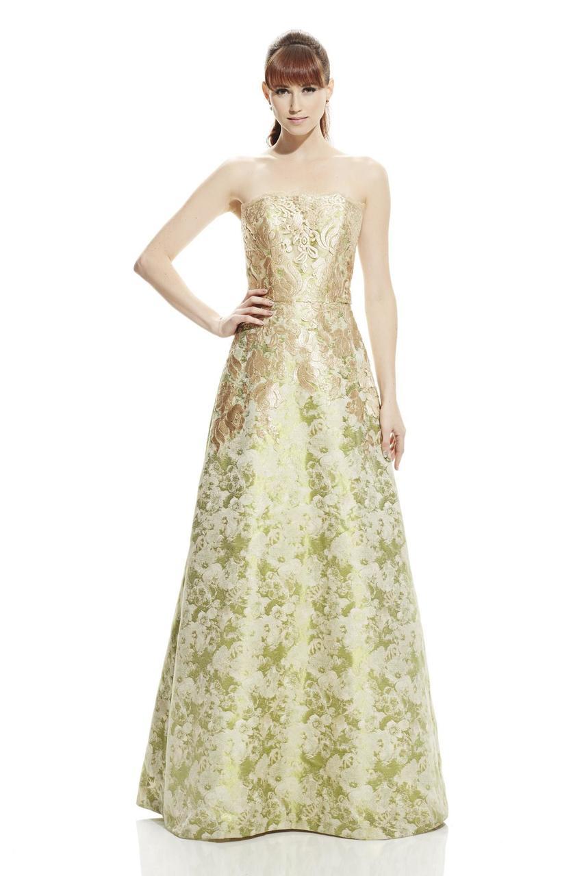 Theia - 882755 Strapless Gilded Brocade Evening Gown Special Occasion Dress 8 / Lime Gold