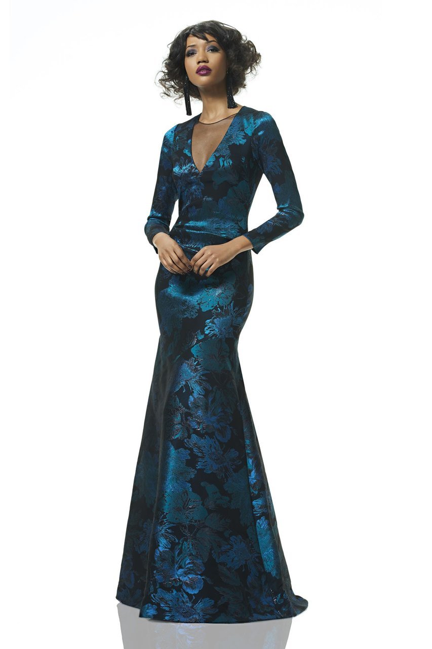 Theia - 882988 V Neck Long Sleeves Floral Trumpet Gown Special Occasion Dress