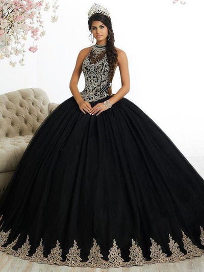 Quinceanera Collection - 26881 Gold Appliqued Illusion High Neckline Ballgown In Black and Gold