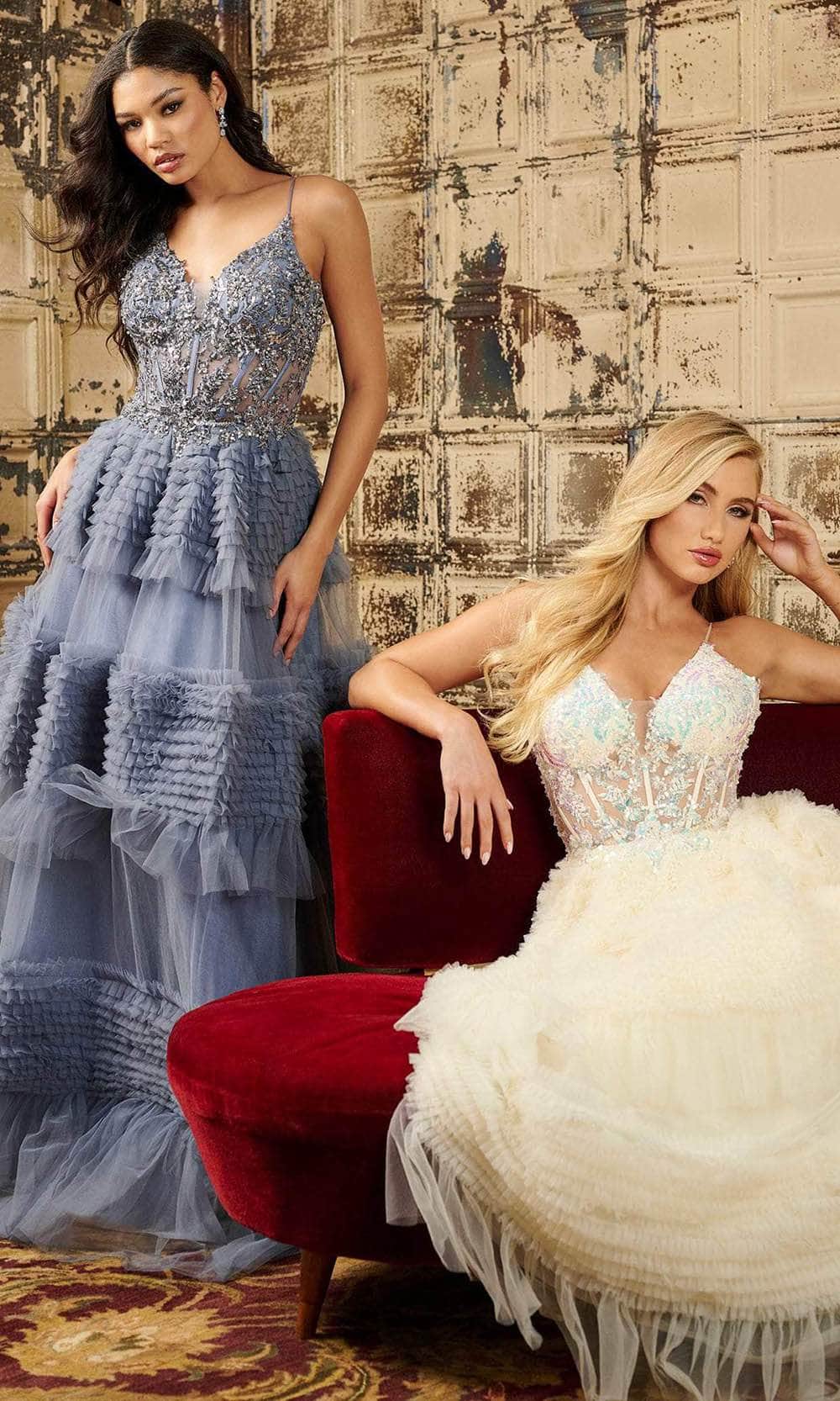 Tiffany Designs 16054 - Long Sequin Floral Applique/Tulle A-Line Dress - Spaghetti Straps, Illusion Bodice, Embellished, Corset Back, Ruffled Details, Tiffany Designs 16054 - Long Sequin Floral Applique/Tulle A-Line Dress - Spaghetti Straps, Illusion Bodice, Embellished, Corset Back, Ruffled Details,