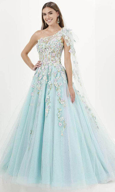 Tiffany Designs 16079 - Floral Appliqued Asymmetric Evening Gown Evening Dresses 0 / Aqua Multi