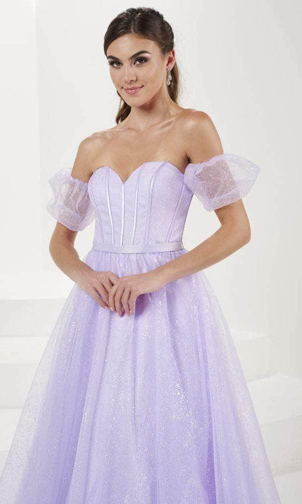 Tiffany Designs 16083 - Long Glitter Tulle A-Line Dress - Strapless, Detachable Sheer Puff Sleeve, Corset Bodice, Glitter, Thin Waistband, Open Back, Sweep Train ADASA Tiffany Designs 16083 - Long Glitter Tulle A-Line Dress - Strapless, Detachable Sheer Puff Sleeve, Corset Bodice, Glitter, Thin Waistband, Open Back, Sweep Train ADASA