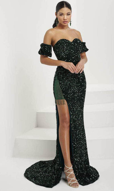 Tiffany Designs 16087 - Sweetheart Fringed Slit Evening Gown Evening Dresses 0 / Dark Green