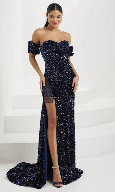 Tiffany Designs 16087 - Sweetheart Fringed Slit Evening Gown Evening Dresses 0 / Navy
