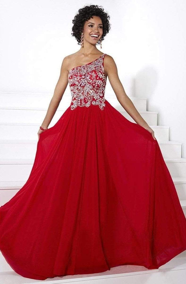 Tiffany Designs - 16089 One Shoulder Rhinestone Embellished Gown Special Occasion Dress 0 / Red