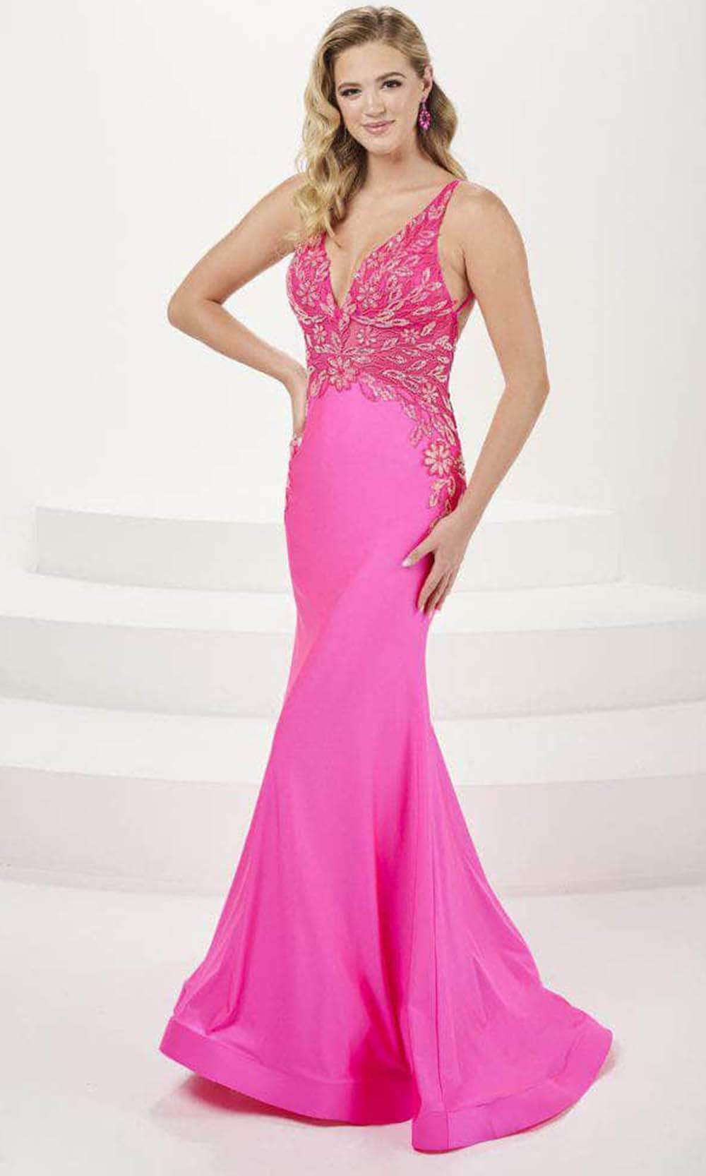 Tiffany Designs 16091 - V-Neck Floral Lace Evening Gown Evening Dresses 0 / Bright Pink