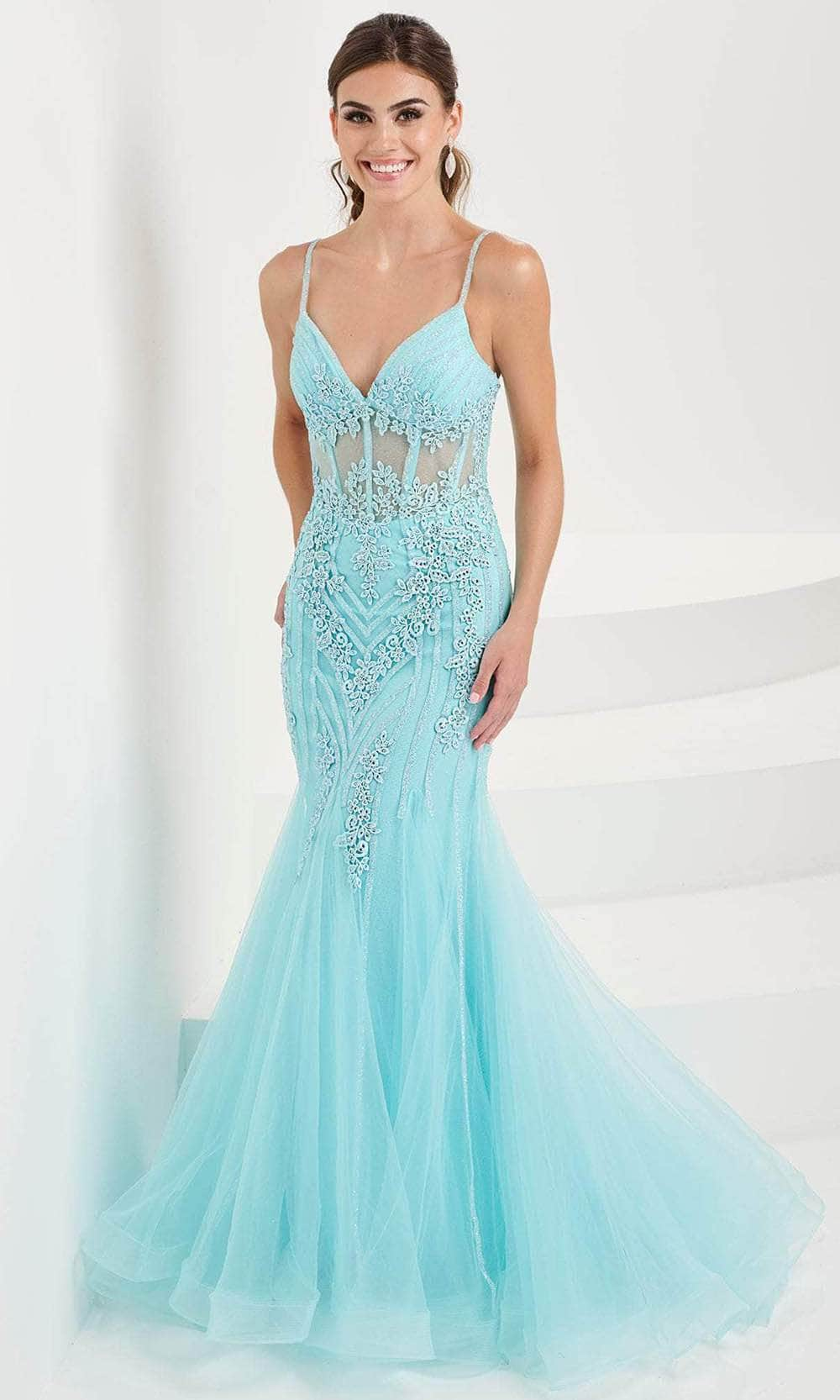 Tiffany Designs 16095 - Lace Appliqued Mermaid Evening Gown Evening Dresses 0 / Aqua