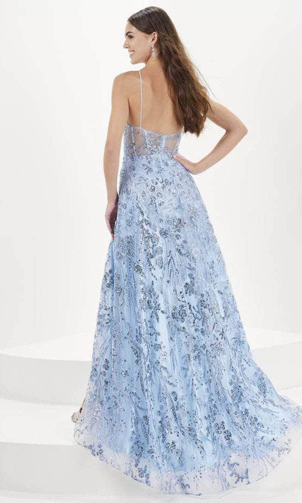 Tiffany Designs 16097 - Long Sparkle Pattern Tulle A-Line Dress - Sleeveless, Sheer Corset Bodice, Thin Strap, Beaded, Open Back, Front Slit, Tiffany Designs 16097 - Long Sparkle Pattern Tulle A-Line Dress - Sleeveless, Sheer Corset Bodice, Thin Strap, Beaded, Open Back, Front Slit,