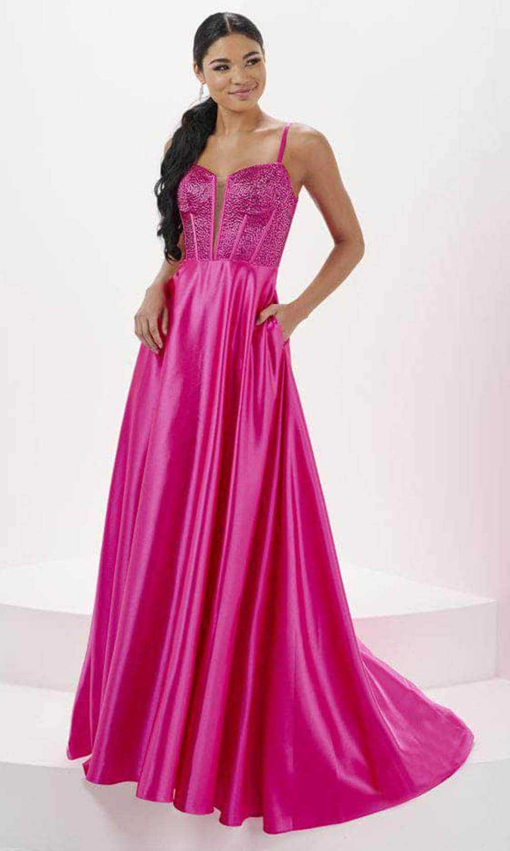 Tiffany Designs 16101 - Beaded V-Back Jersey Evening Dress Evening Dresses 0 / Hot Pink