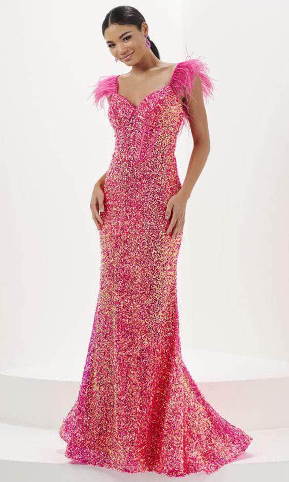 Tiffany Designs 16106 - Sweetheart Feather Sleeve Evening Gown Evening Dresses 0 / Hot Pink