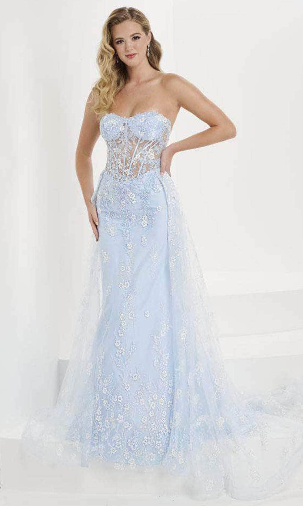Tiffany Designs 16107 - Long Placed Floral Glitter Tulle Sheath/A-Line Dress - Strapless, Illusion Corset Boning Bodice, Sequin, Embroidery, Mid-Open Back, Overskirt, Horsehair Hem, Sweep Train ADASA Tiffany Designs 16107 - Long Placed Floral Glitter Tulle Sheath/A-Line Dress - Strapless, Illusion Corset Boning Bodice, Sequin, Embroidery, Mid-Open Back, Overskirt, Horsehair Hem, Sweep Train ADASA