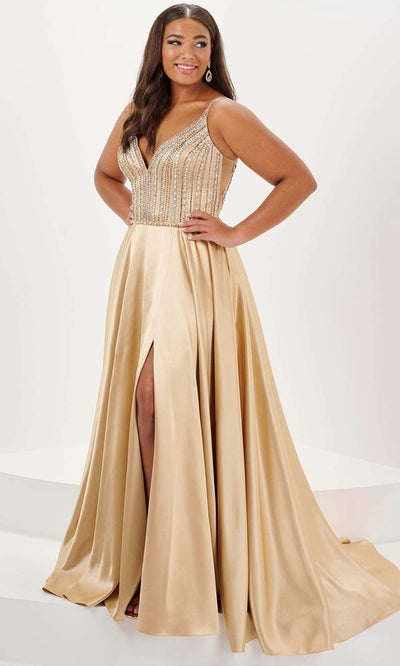 Tiffany Designs 16129 - Deep V-Neck Beaded Mesh Evening Gown Evening Dresses 14W / Golden Sand