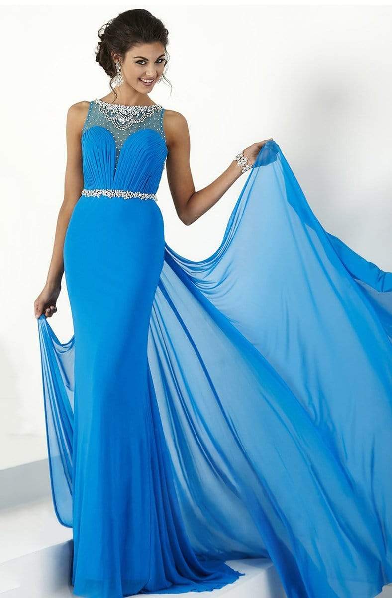 Tiffany Designs - 16158 Embellished Long Dress with Drape Special Occasion Dress 0 / Marine Blue