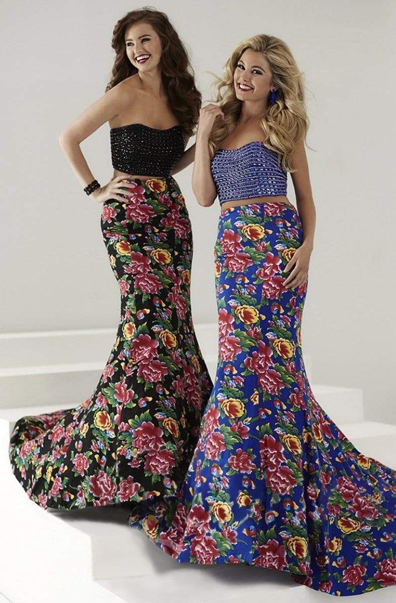 Tiffany Designs - 16163 Embellished Faille Floral Print Mermaid Long Evening Gown Special Occasion Dress 0 / Moon Flower