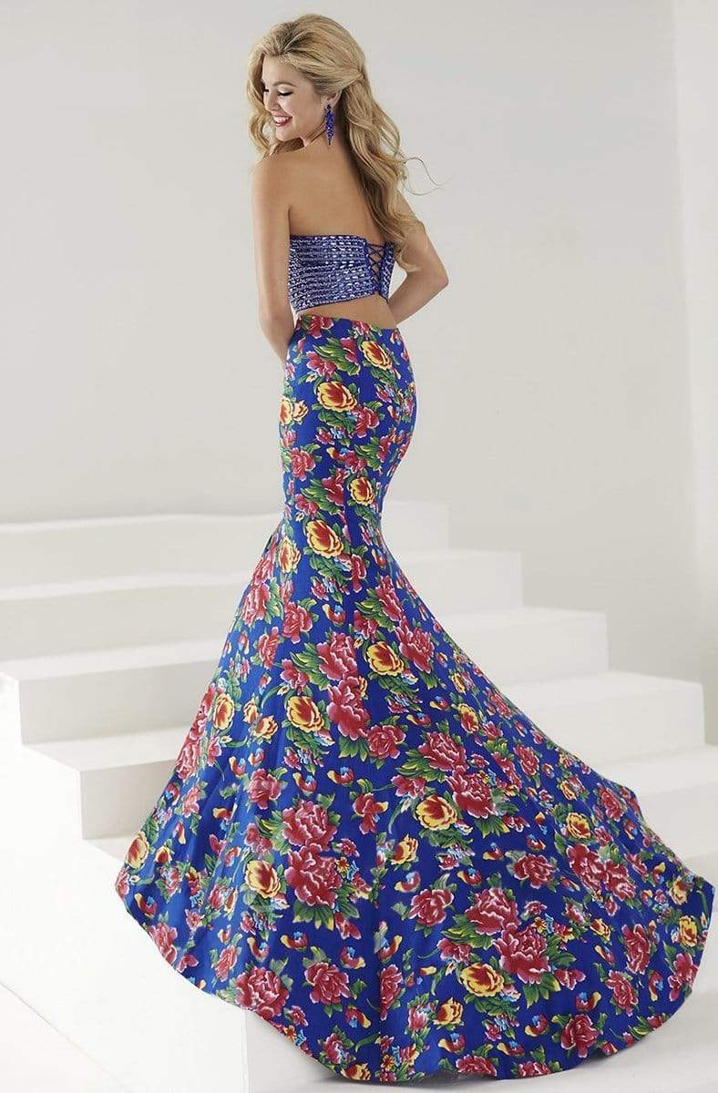 Tiffany Designs - 16163 Embellished Faille Floral Print Mermaid Long Evening Gown Special Occasion Dress 0 / Royal Garden