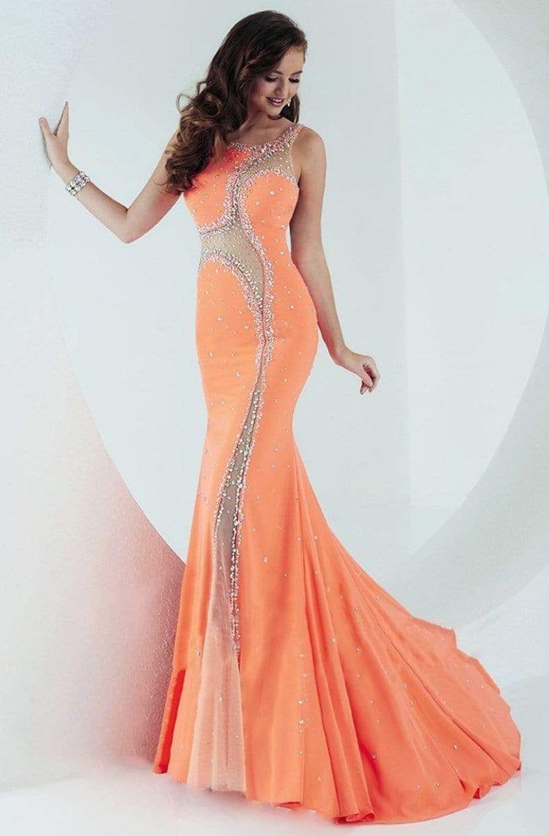 Tiffany Designs - 16191 Artistic Bateau Illusion Jersey Evening Gown Special Occasion Dress 0 / Hot Coral