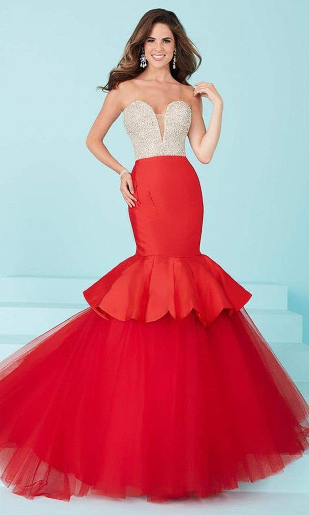 Tiffany Designs - 16217SC Strapless Pearl Accented Mermaid Tulle Gown In Red and Neutral