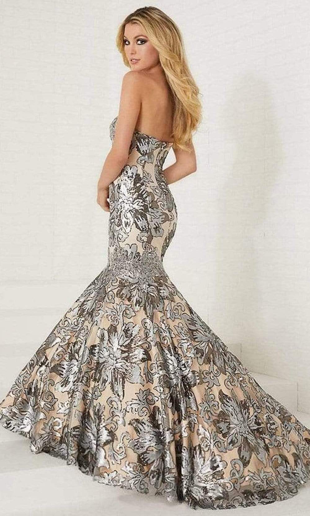 Tiffany Designs - Sweetheart Lace Applique Mermaid Dress 16260SC In Silver and Nude