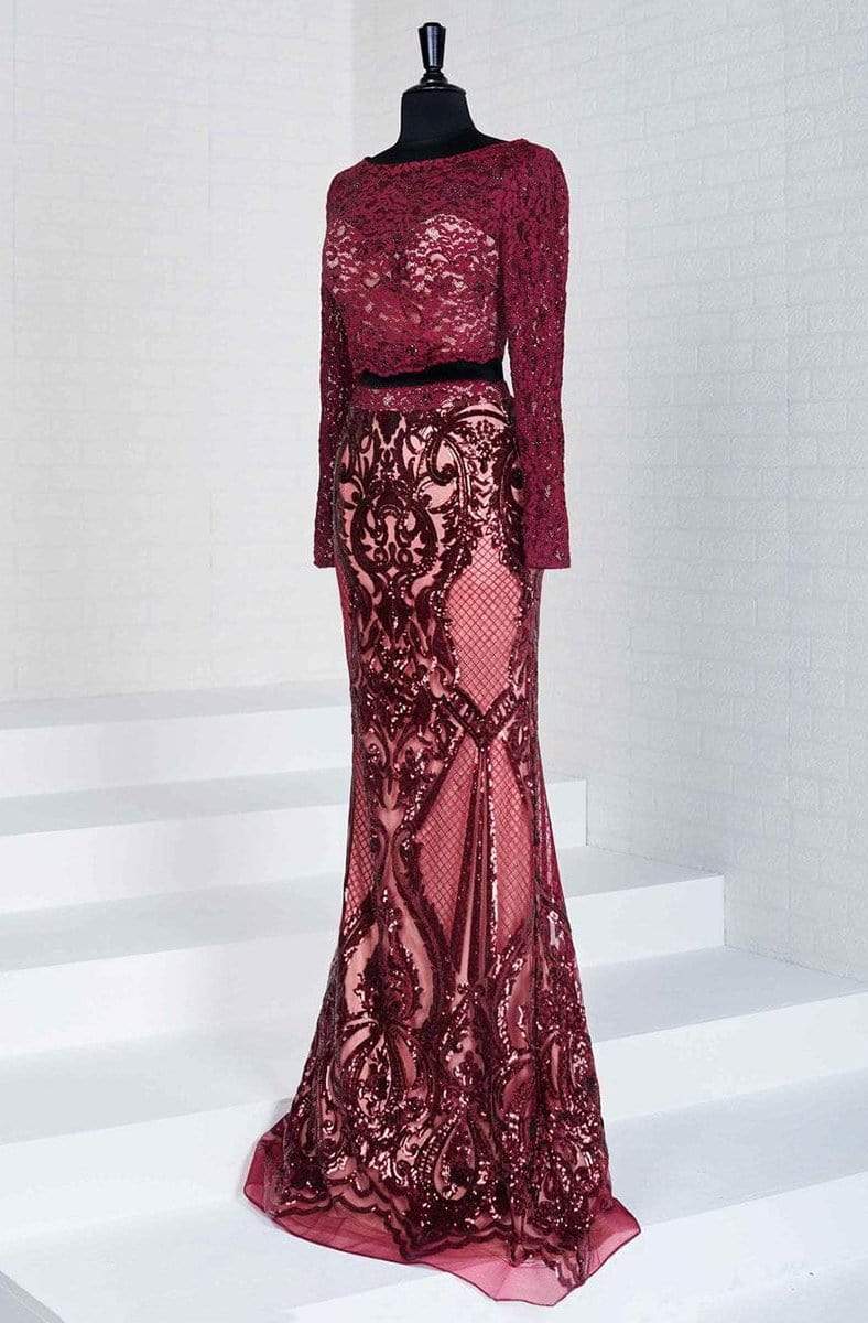 Tiffany Designs - 16270 Long Sleeve Two-Piece Sequined Lace Gown Special Occasion Dress 0 / Wine/Nude