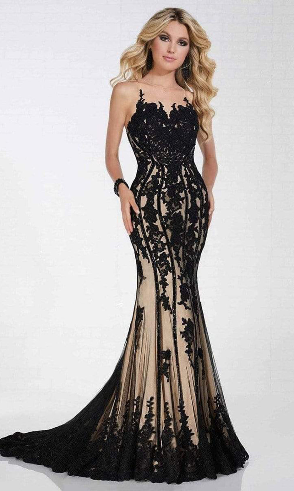 Tiffany Designs - Sleeveless Lace Applique Long Gown 16274SC In Neutral and Black