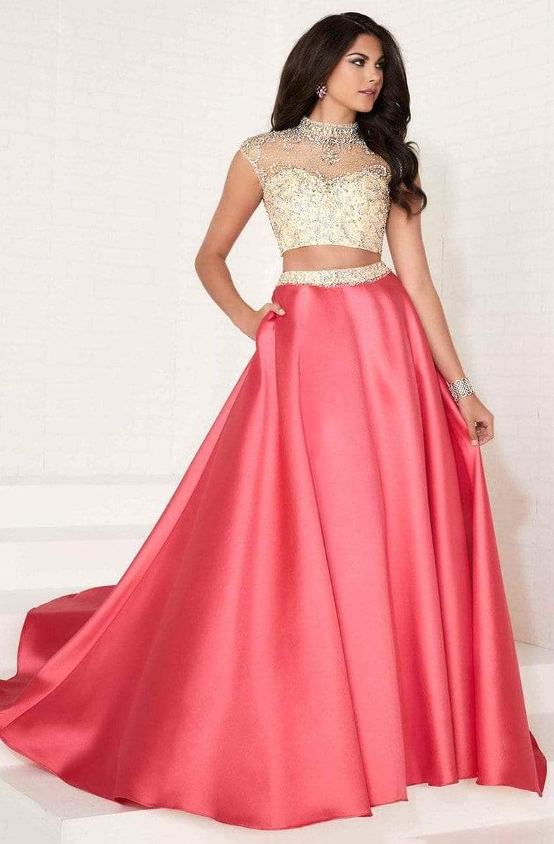 Tiffany Designs - 16277 Cap Sleeve Illusion Choker Mikado Gown Special Occasion Dress 0 / Nude/Pomegranate