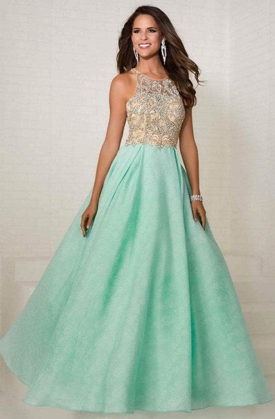 Tiffany Designs - 16289 Bejeweled Illusion Halter Brocade Ballgown Special Occasion Dress 0 / Nude/Aqua