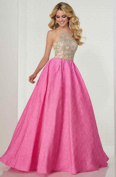 Tiffany Designs - 16289 Bejeweled Illusion Halter Brocade Ballgown Special Occasion Dress 0 / Nude/Party Pink