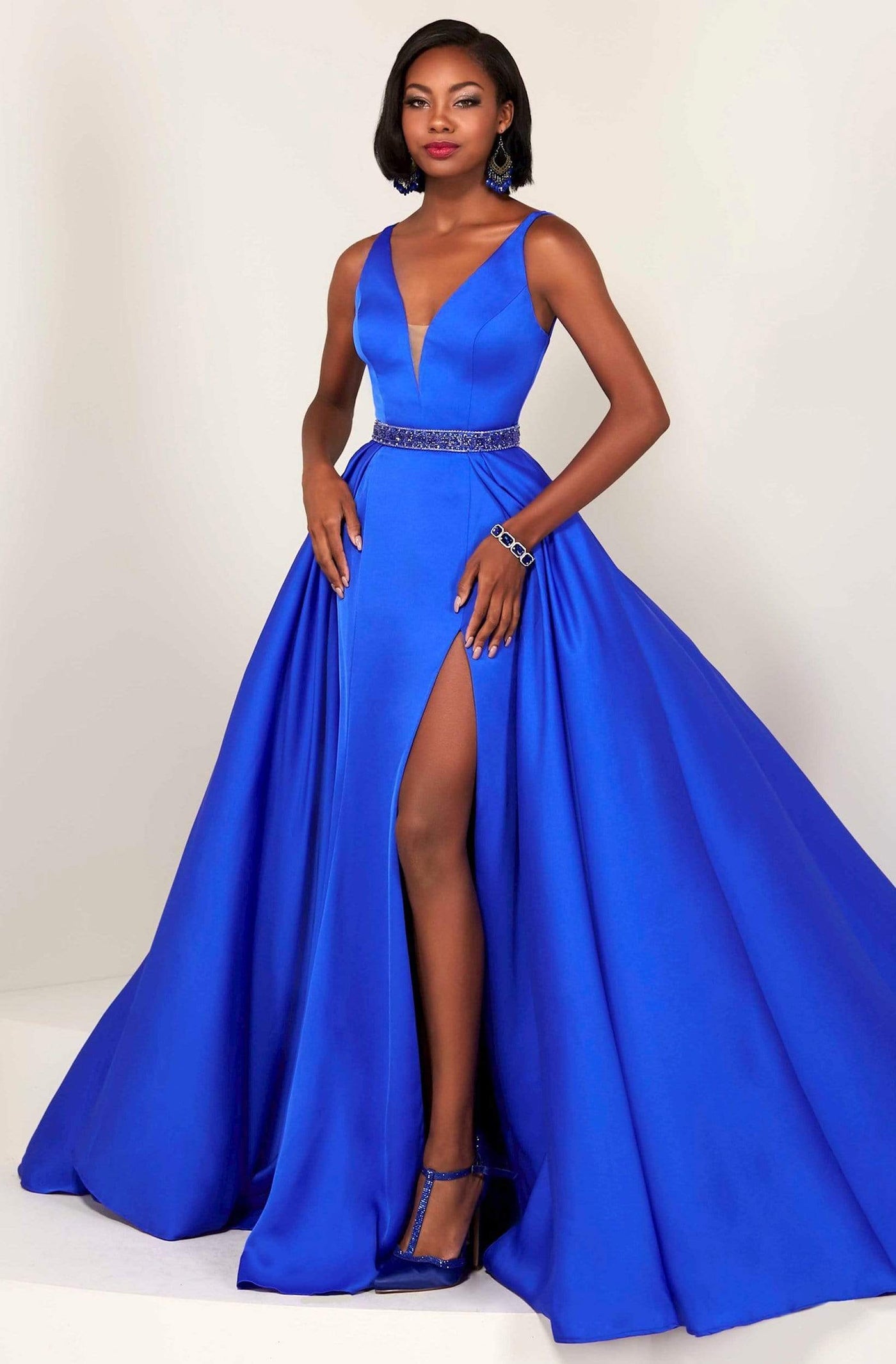 Tiffany Designs - 16328 Plunging V-Neck Gown with Overskirt Special Occasion Dress 0 / Royal