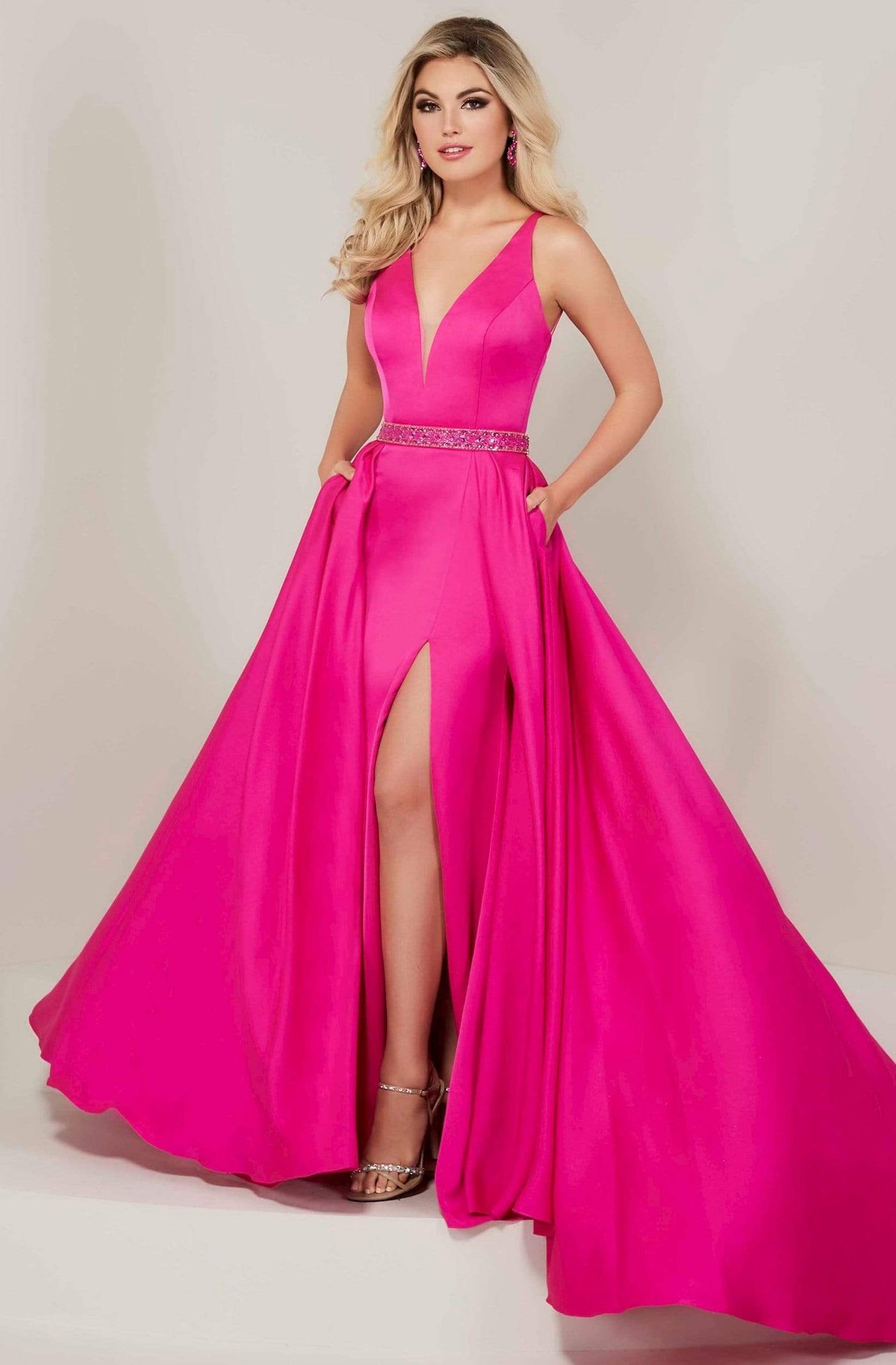 Tiffany Designs - 16328 Plunging V-Neck Gown with Overskirt Special Occasion Dress