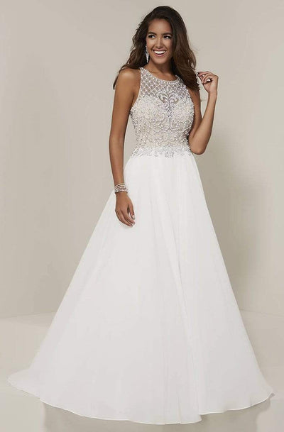 Tiffany Designs - 16337 Beaded Lattice Halter Chiffon A-Line Gown Special Occasion Dress 0 / Ivory
