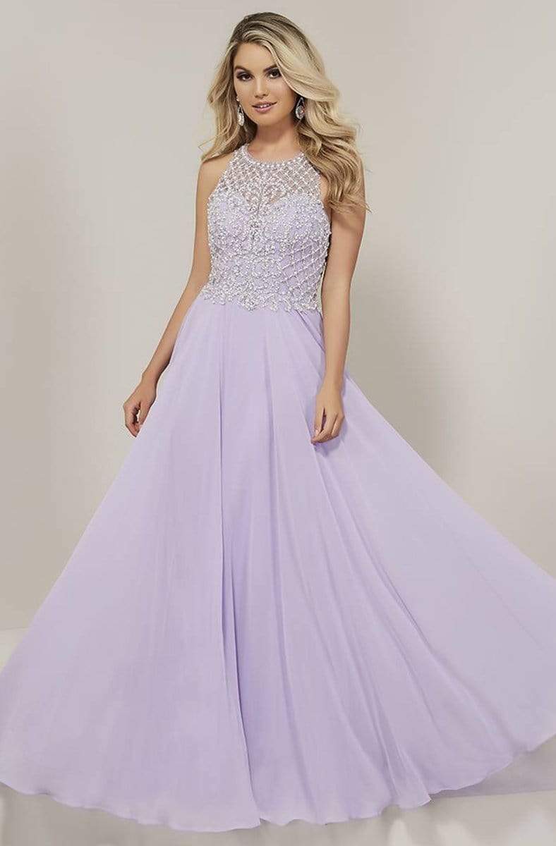 Tiffany Designs - 16337 Beaded Lattice Halter Chiffon A-Line Gown Special Occasion Dress 0 / Lilac